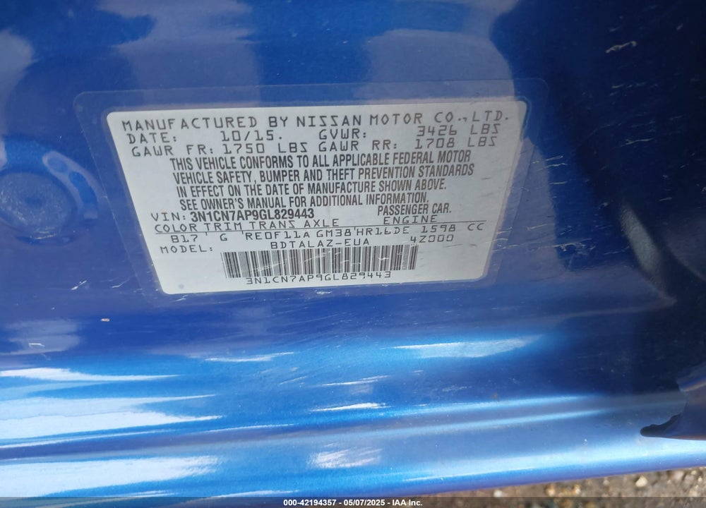 2016 NISSAN VERSA VIN: 3N1CN7AP9GL829443