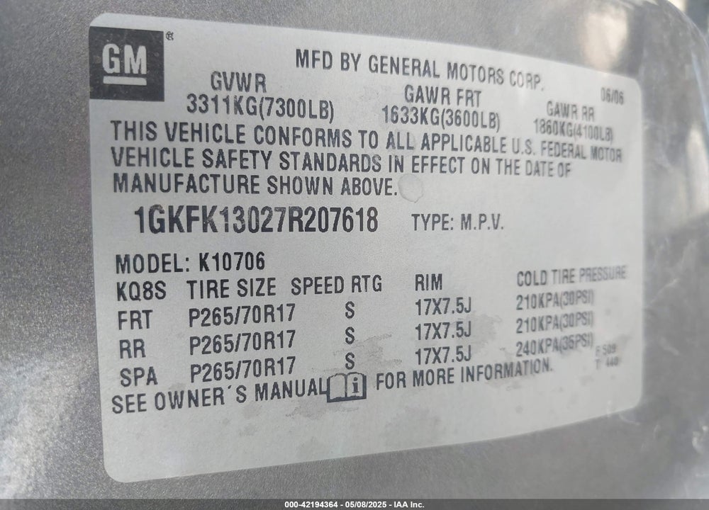 2007 GMC YUKON VIN: 1GKFK13027R207618