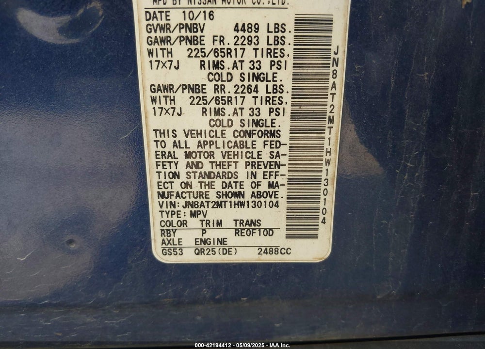 2017 NISSAN ROGUE VIN: JN8AT2MT1HW130104