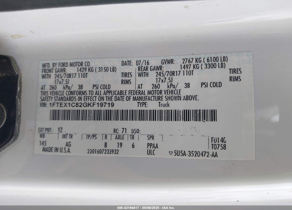 2016 FORD F-150 XL VIN: 1FTEX1C82GKF19719