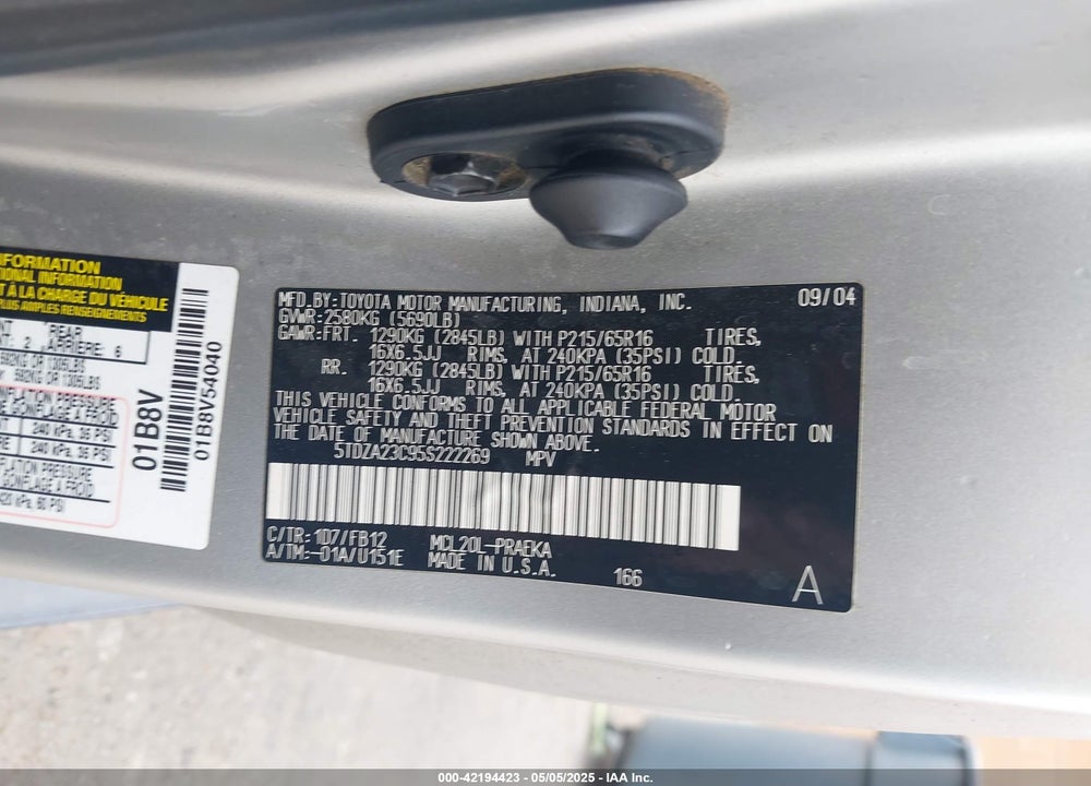 2005 TOYOTA SIENNA LE VIN: 5TDZA23C95S222269