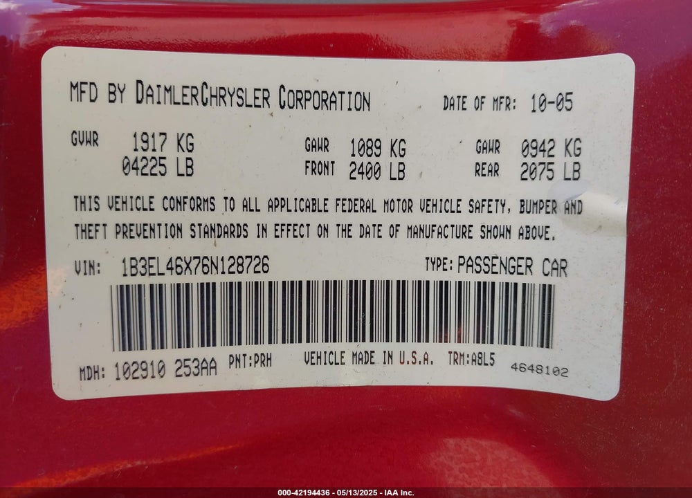 2006 DODGE STRATUS SXT VIN: 1B3EL46X76N128726