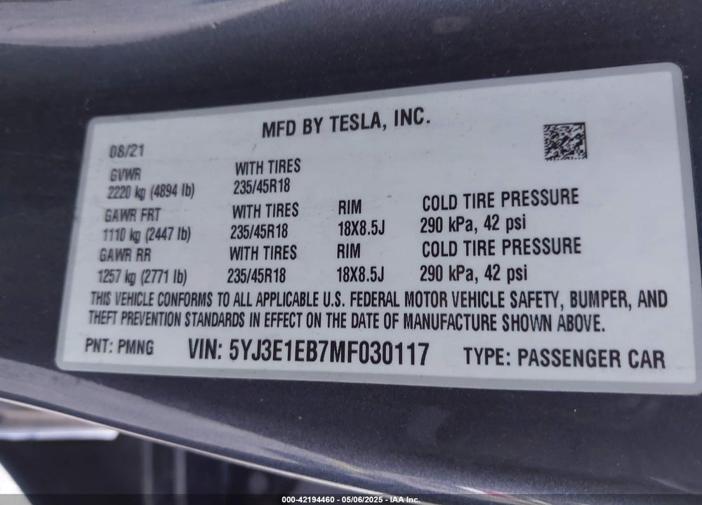 2021 TESLA MODEL 3 VIN: 5YJ3E1EB7MF030117