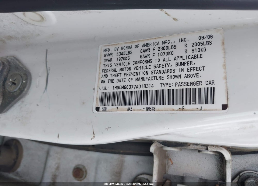 2007 HONDA ACCORD 3.0 LX VIN: 1HGCM66377A018314