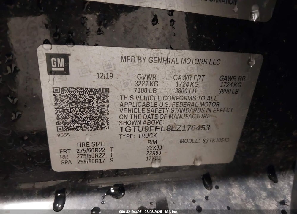2020 GMC SIERRA 1500 VIN: 1GTU9FEL8LZ176453