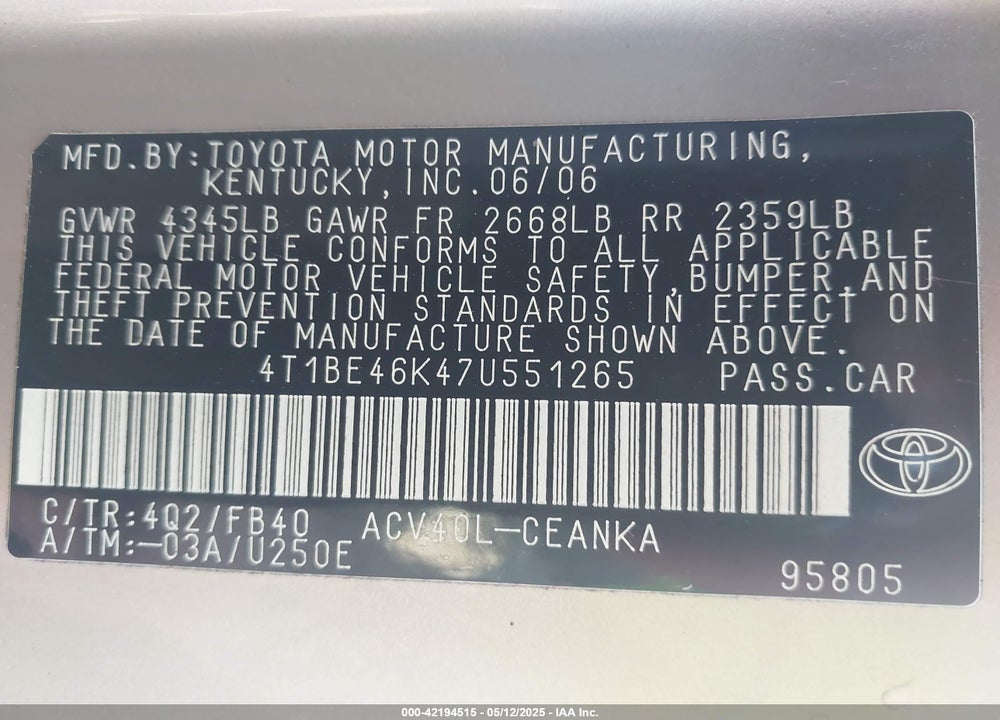 2007 TOYOTA CAMRY LE VIN: 4T1BE46K47U551265