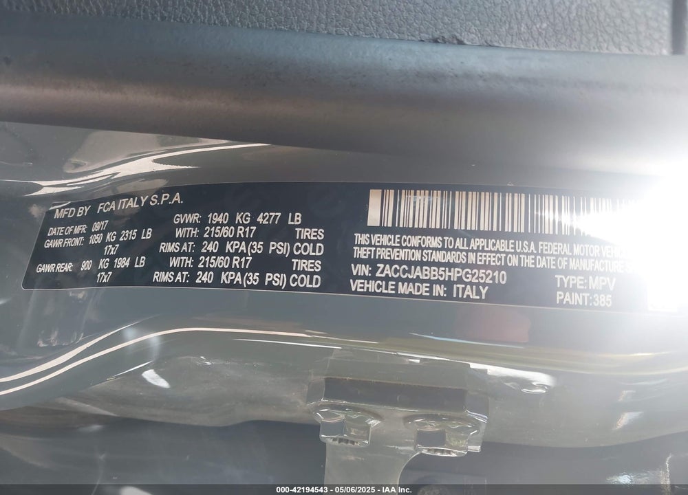 2017 JEEP RENEGADE LATITUDE FWD VIN: ZACCJABB5HPG25210