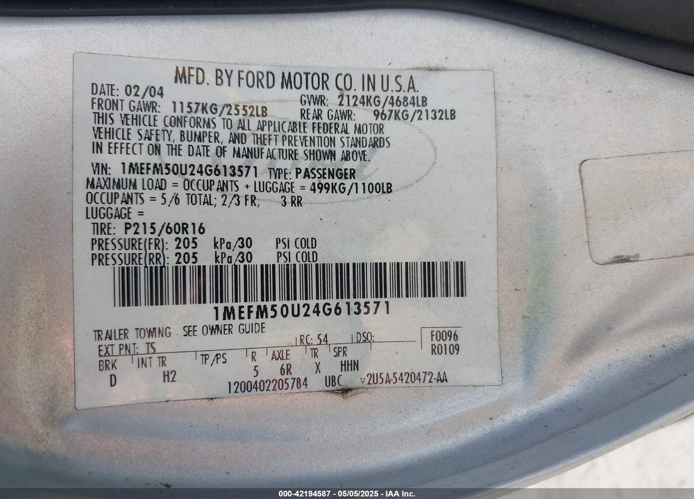 2004 MERCURY SABLE VIN: 1MEFM50U24G613571