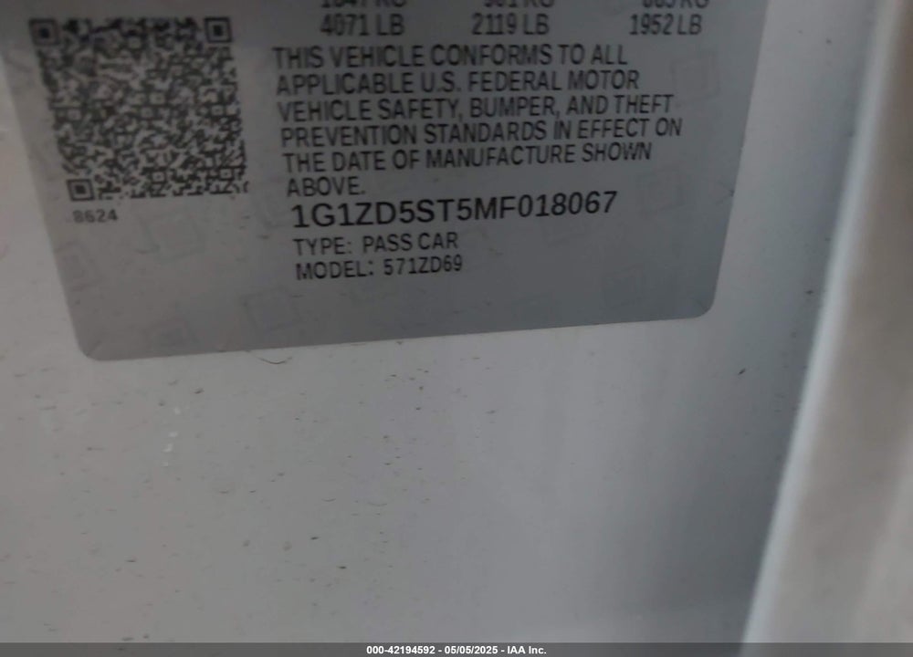 2021 CHEVROLET MALIBU FWD LT VIN: 1G1ZD5ST5MF018067