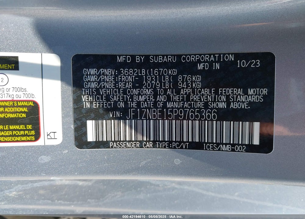 2023 TOYOTA GR86 VIN: JF1ZNBE15P9765366