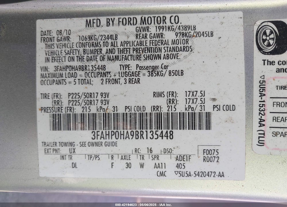 2011 FORD FUSION VIN: 3FAHP0HA9BR135448