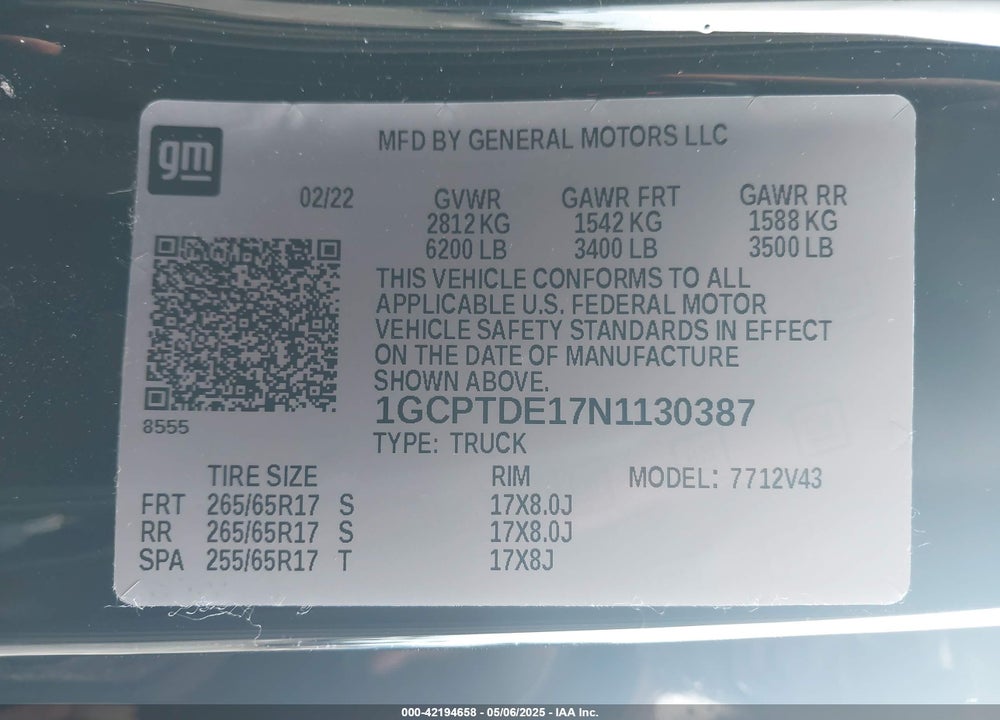 2022 CHEVROLET COLORADO VIN: 1GCPTDE17N1130387