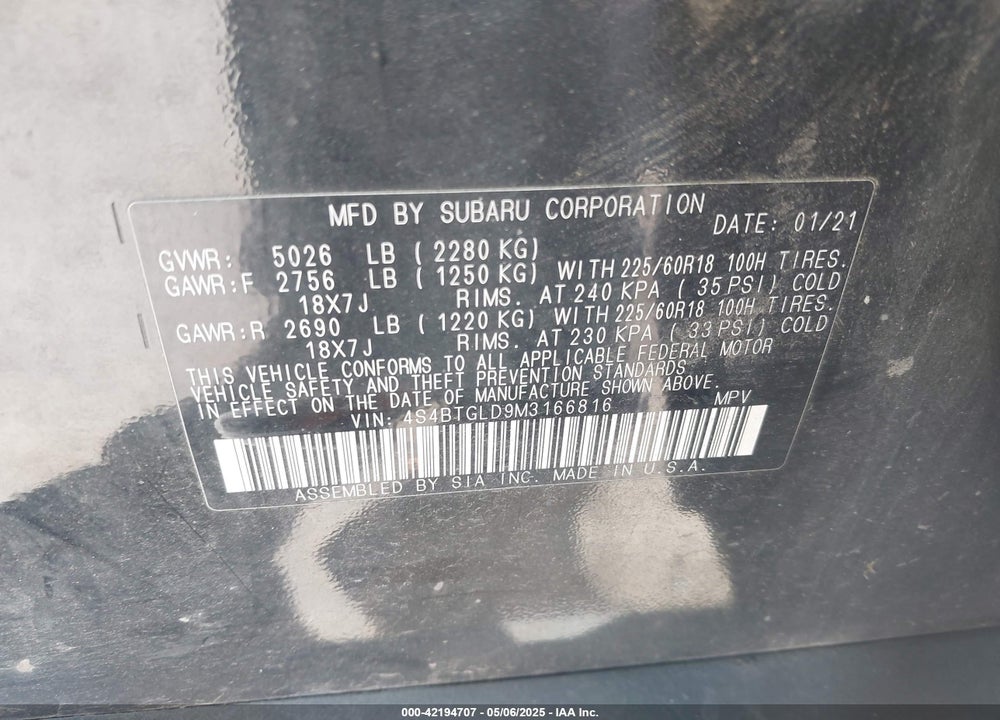 2021 SUBARU OUTBACK VIN: 4S4BTGLD9M3166816