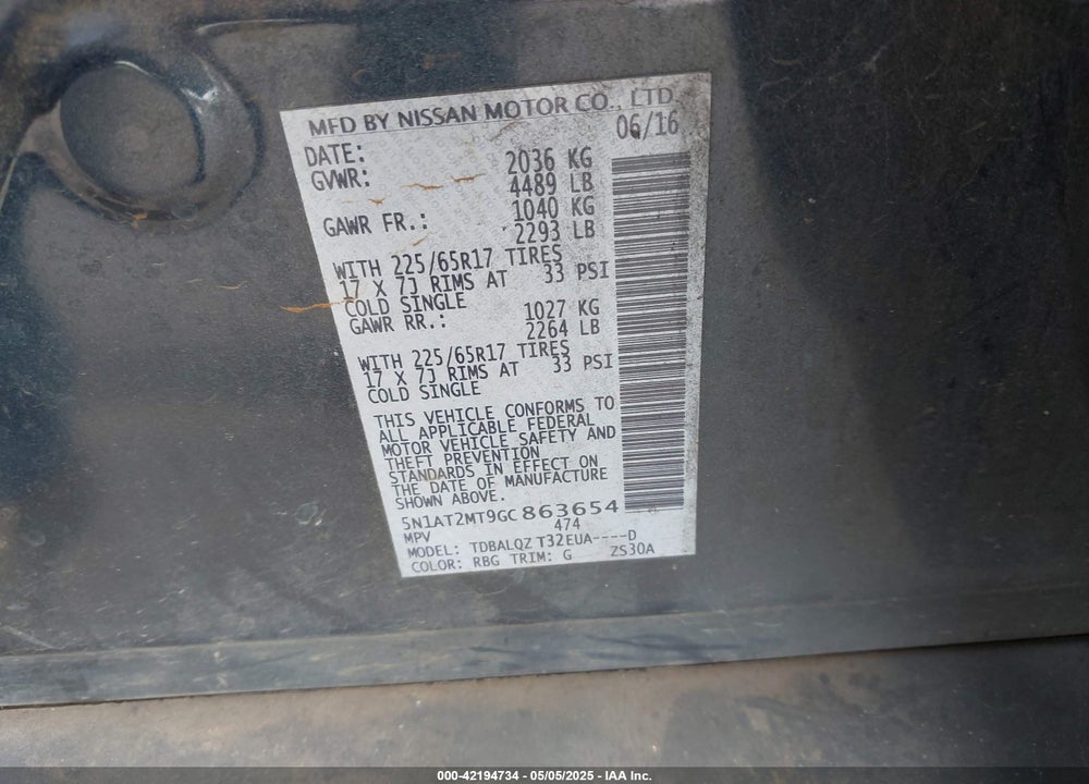 2016 NISSAN ROGUE SV VIN: 5N1AT2MT9GC863654
