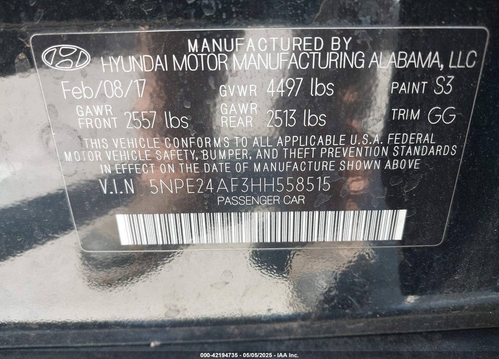 2017 HYUNDAI SONATA VIN: 5NPE24AF3HH558515