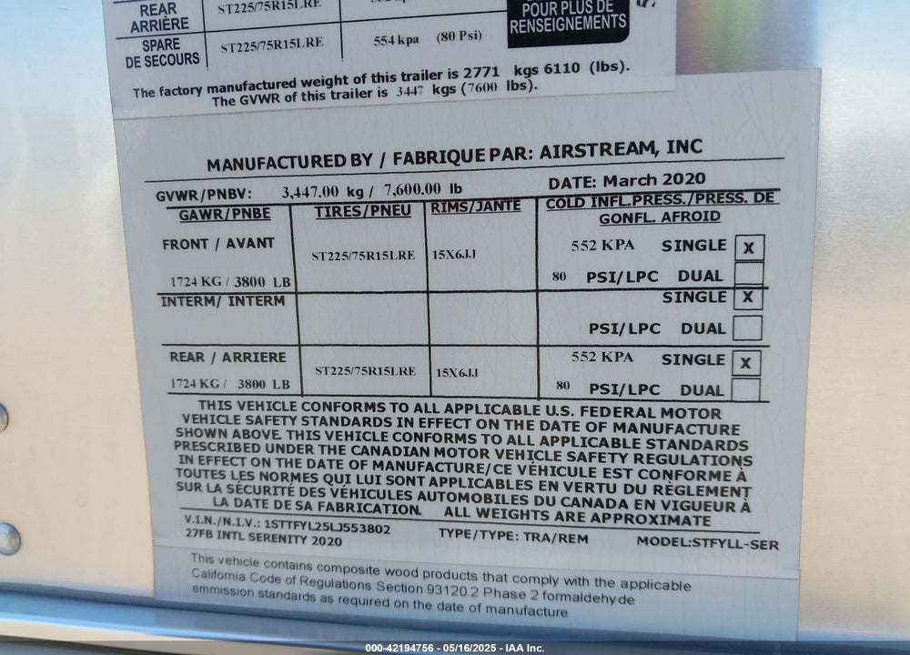 2020 INTERNATIONAL AIRSTREAM 27FB  S VIN: 1STTFYL25LJ553802