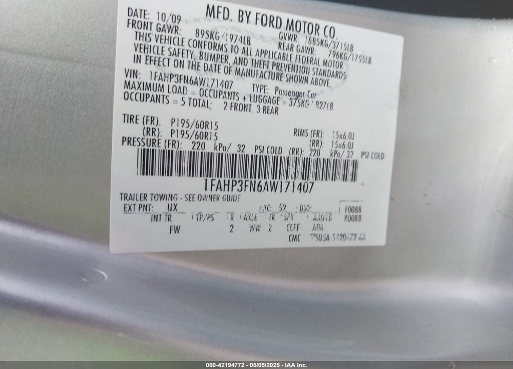 2010 FORD FOCUS SE VIN: 1FAHP3FN6AW171407