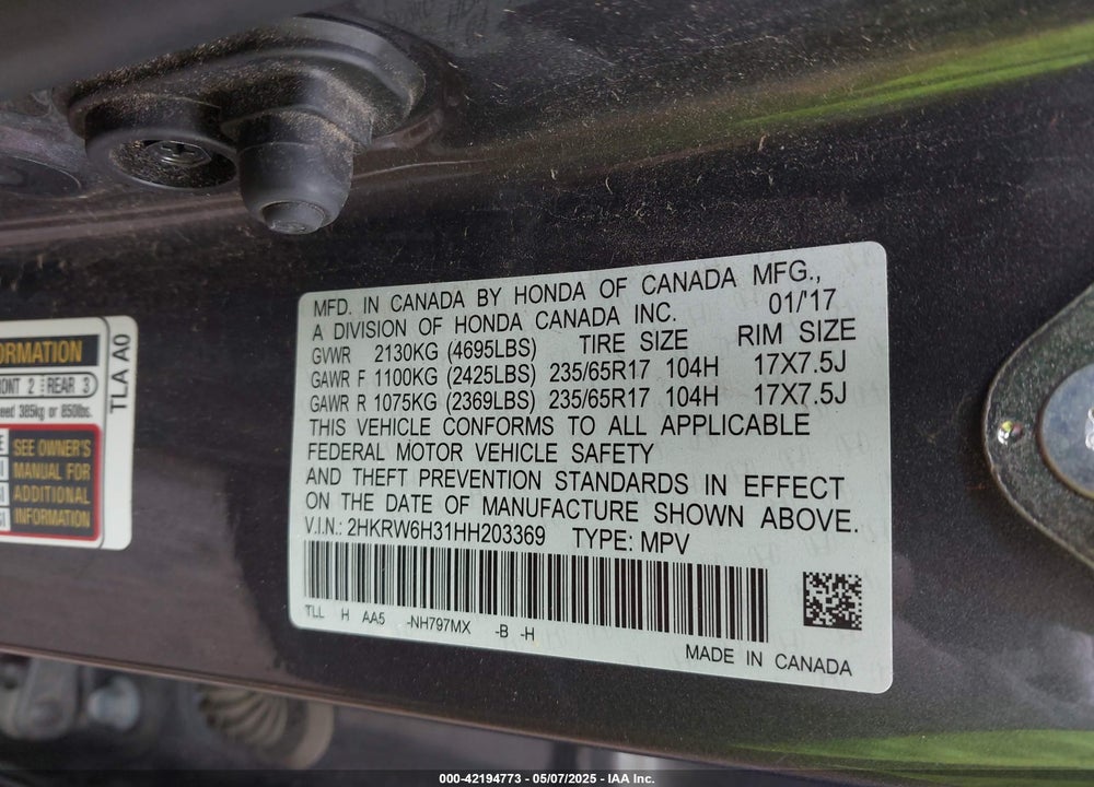 2017 HONDA CR-V LX VIN: 2HKRW6H31HH203369