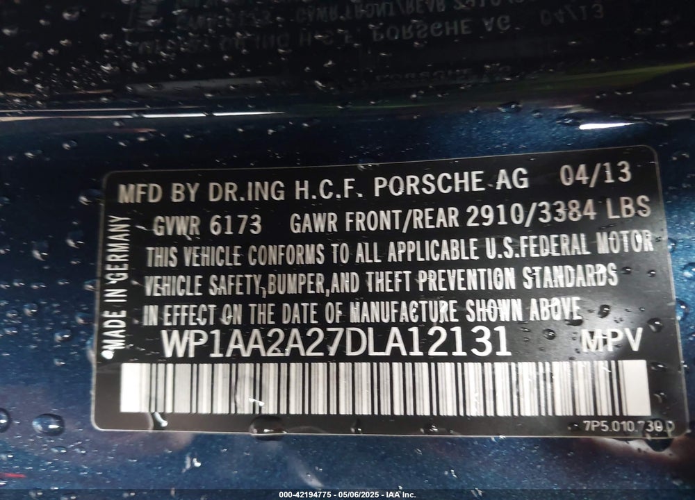 2013 PORSCHE CAYENNE VIN: WP1AA2A27DLA12131
