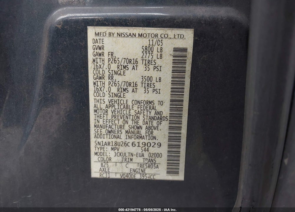 2006 NISSAN PATHFINDER VIN: 5N1AR18U26C619029