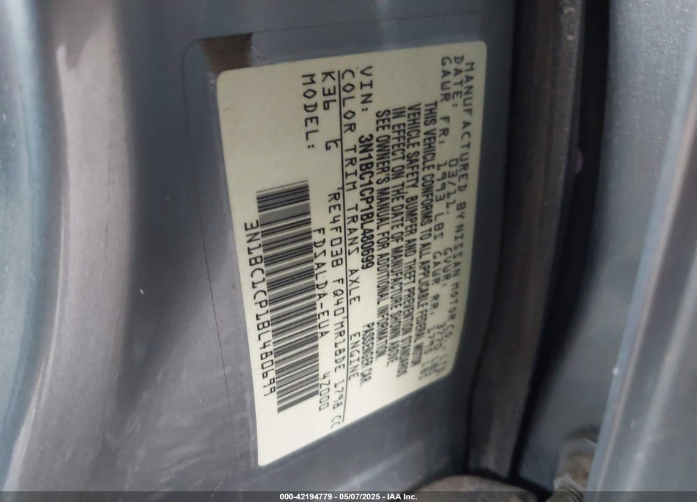 2011 NISSAN VERSA VIN: 3N1BC1CP1BL480699