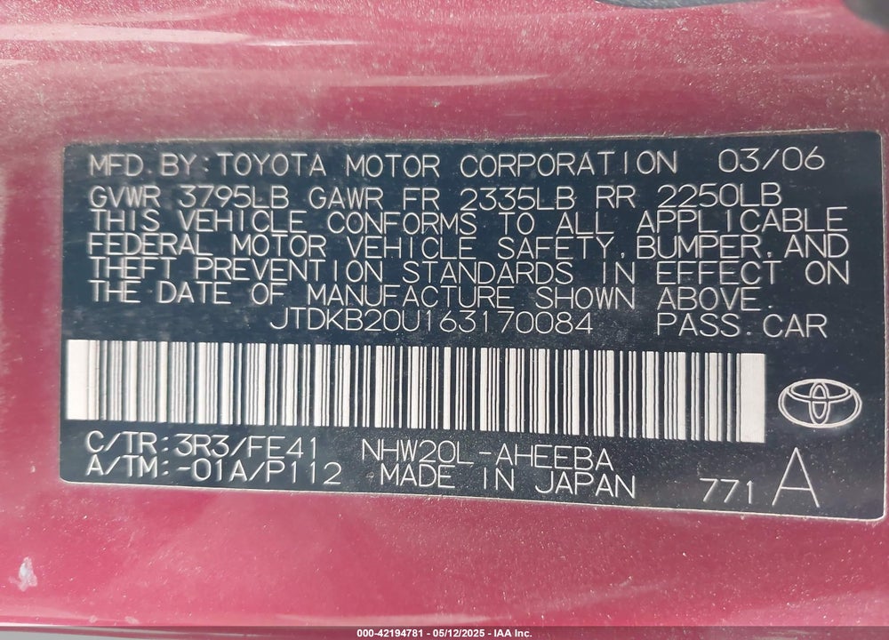 2006 TOYOTA PRIUS VIN: JTDKB20U163170084