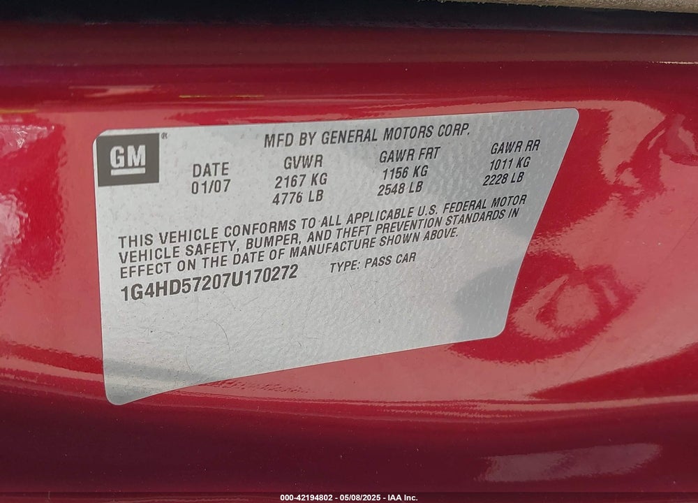 2007 BUICK LUCERNE CXL VIN: 1G4HD57207U170272
