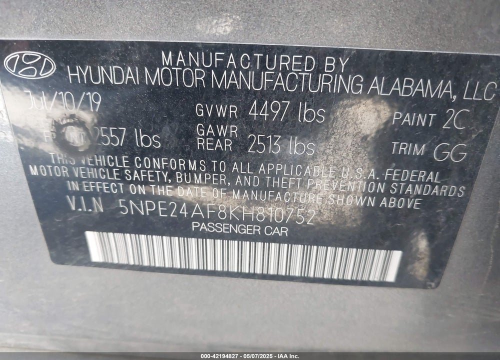 2019 HYUNDAI SONATA VIN: 5NPE24AF8KH810752