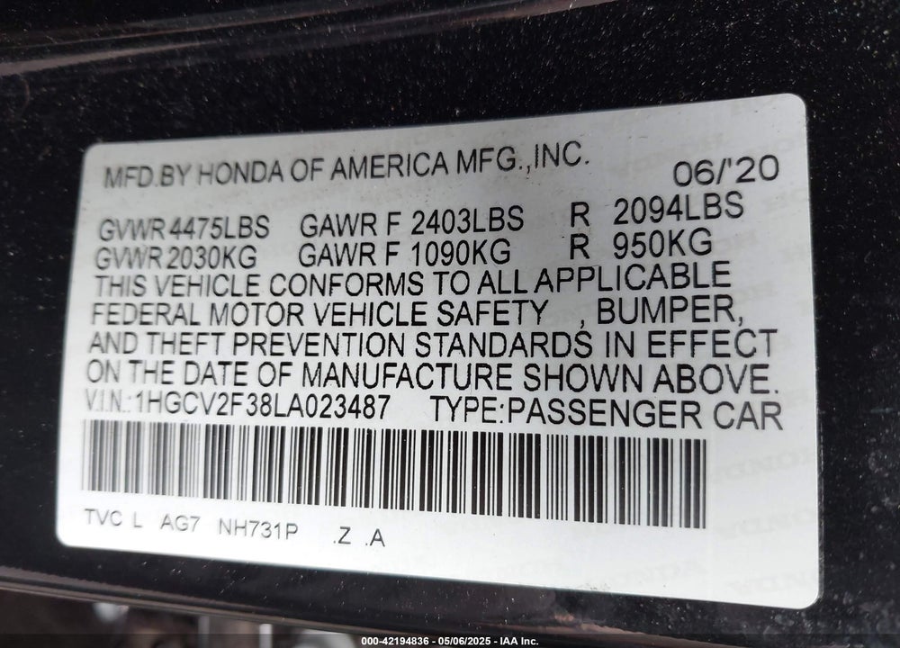 2020 HONDA ACCORD VIN: 1HGCV2F38LA023487