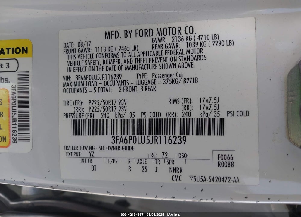 2018 FORD FUSION HYBRID VIN: 3FA6P0LU5JR116239