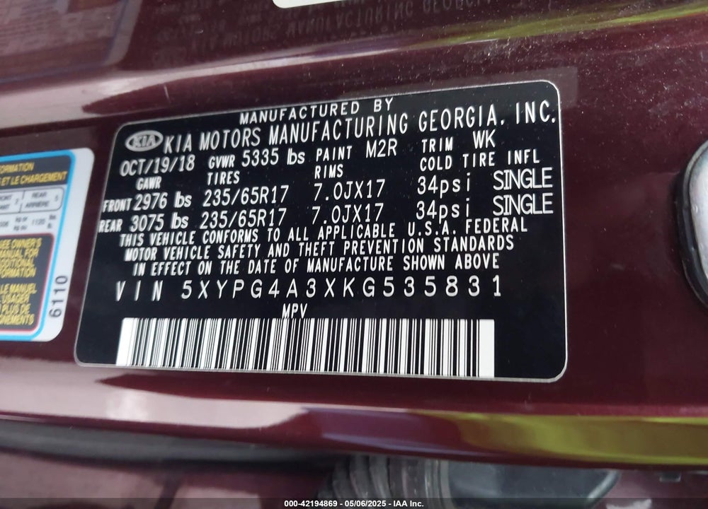2019 KIA SORENTO VIN: 5XYPG4A3XKG535831