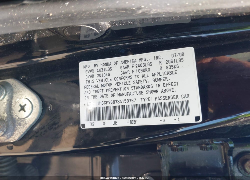 2008 HONDA ACCORD 2.4 EX-L VIN: 1HGCP26878A159767