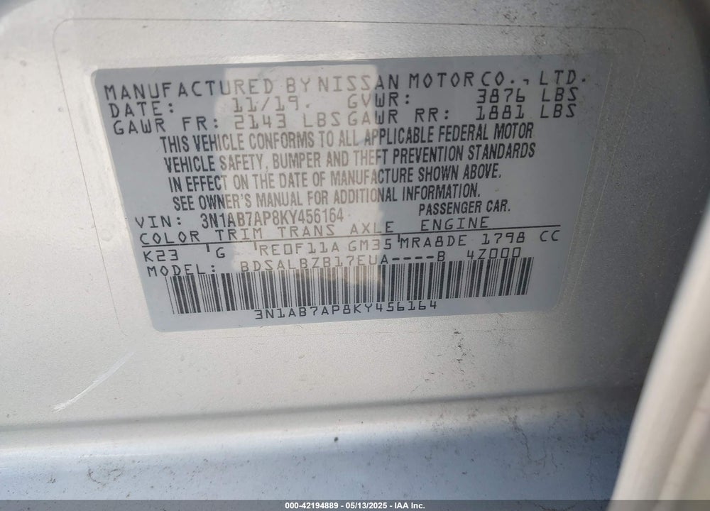 2019 NISSAN SENTRA S VIN: 3N1AB7AP8KY456164