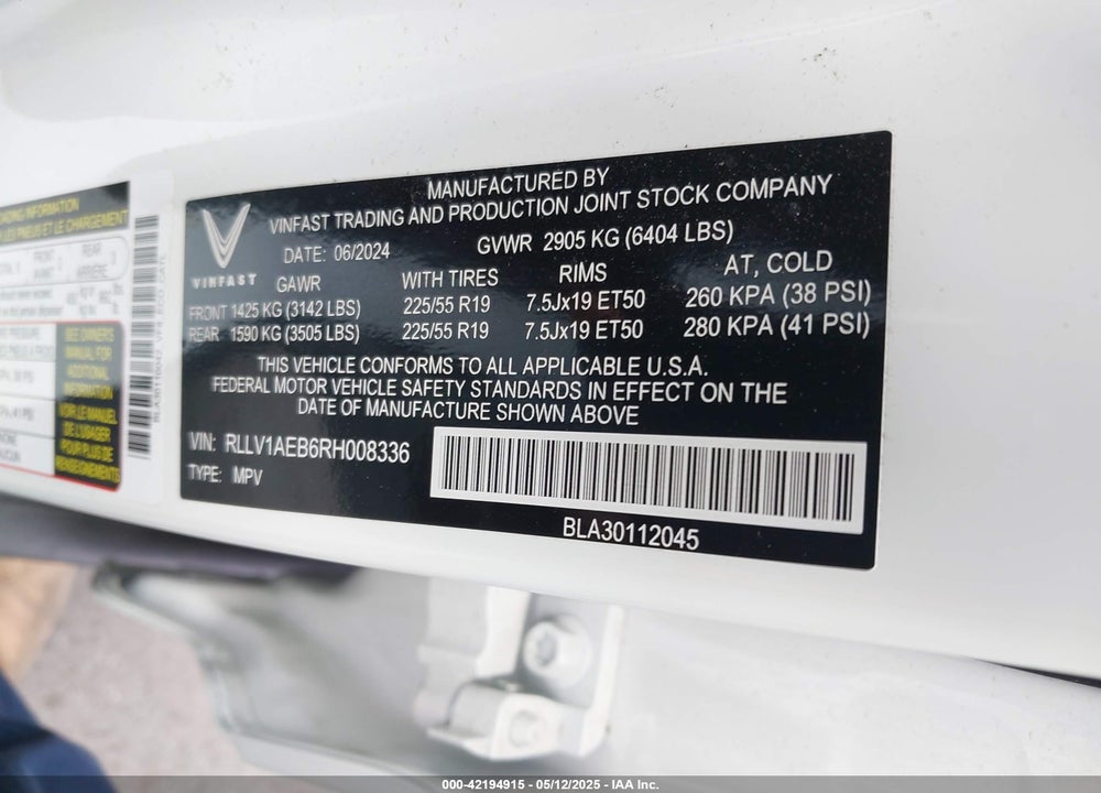 2024 VINFAST VF 8 ECO VIN: RLLV1AEB6RH008336
