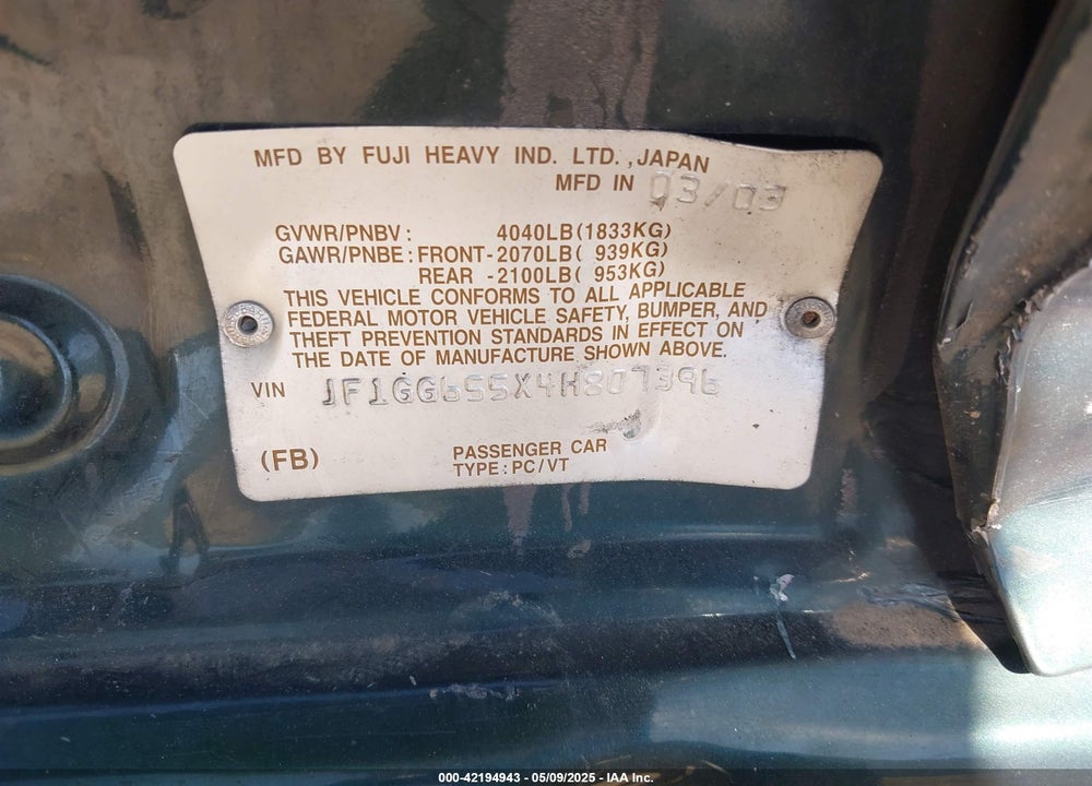 2004 SUBARU IMPREZA 2.5TS VIN: JF1GG655X4H807396