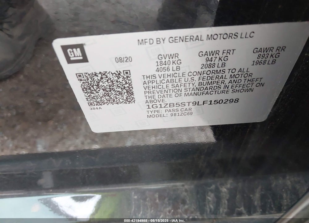 2020 CHEVROLET MALIBU VIN: 1G1ZB5ST9LF150298