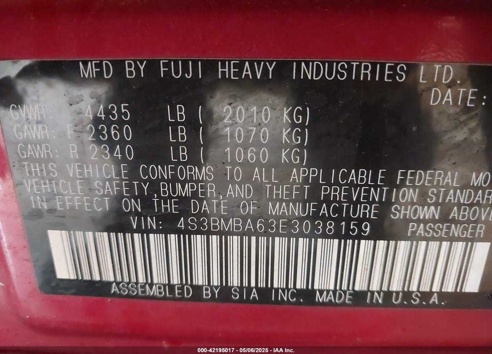 2014 SUBARU LEGACY 2.5I VIN: 4S3BMBA63E3038159