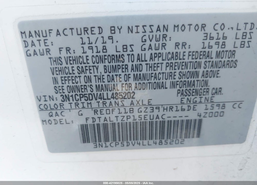 2020 NISSAN KICKS SR XTRONIC CVT VIN: 3N1CP5DV4LL485202