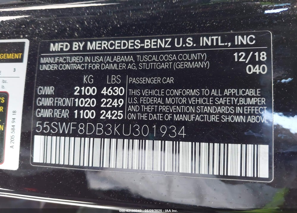 2019 MERCEDES-BENZ C 300 VIN: 55SWF8DB3KU301934