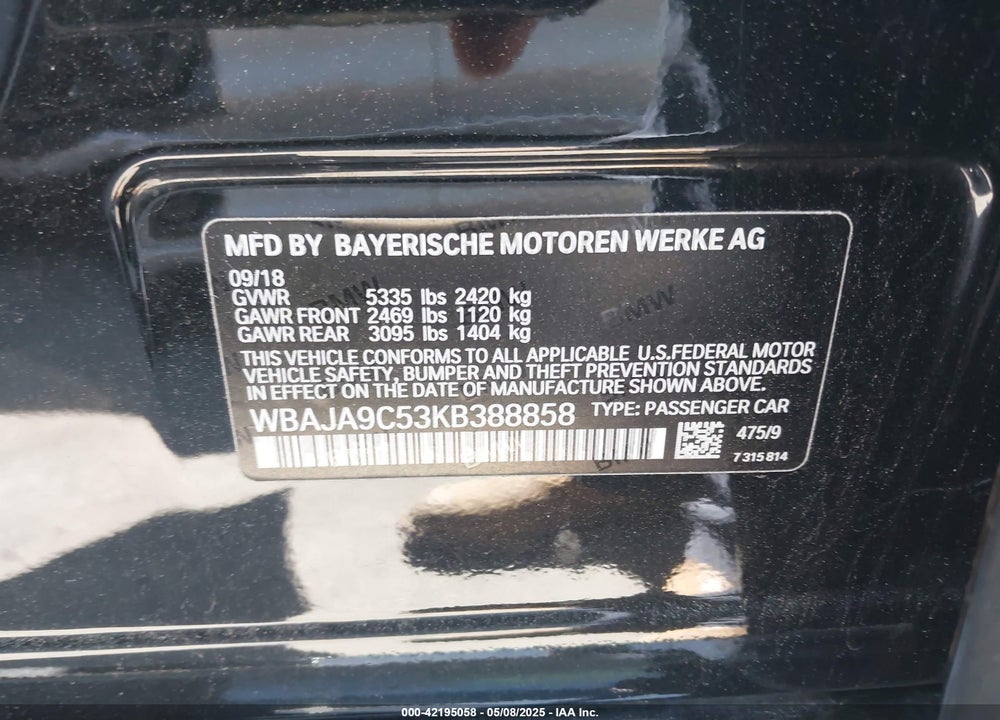 2019 BMW 530E IPERFORMANCE VIN: WBAJA9C53KB388858