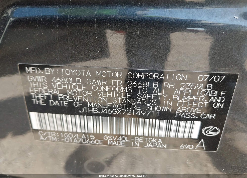 2007 LEXUS ES 350 VIN: JTHBJ46GX72149711