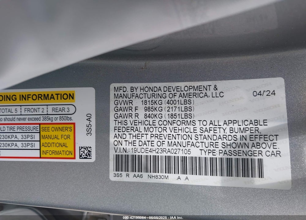 2024 ACURA INTEGRA VIN: 19UDE4H23RA027105