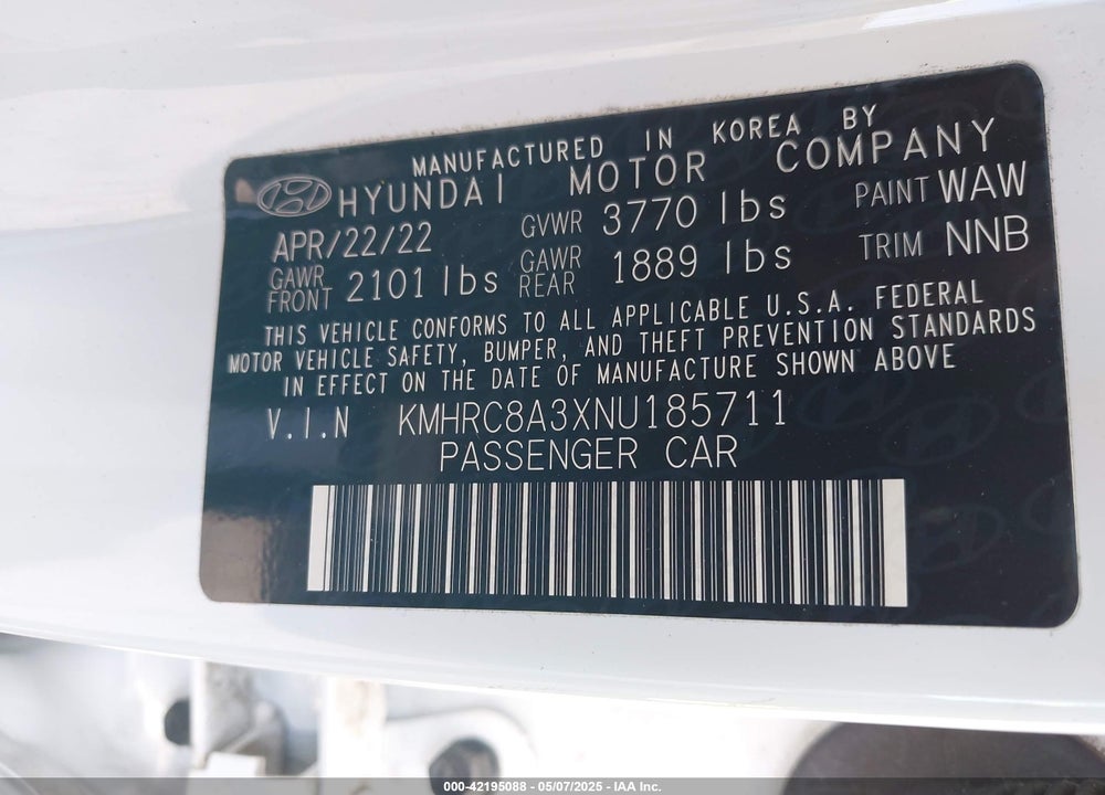 2022 HYUNDAI VENUE VIN: KMHRC8A3XNU185711
