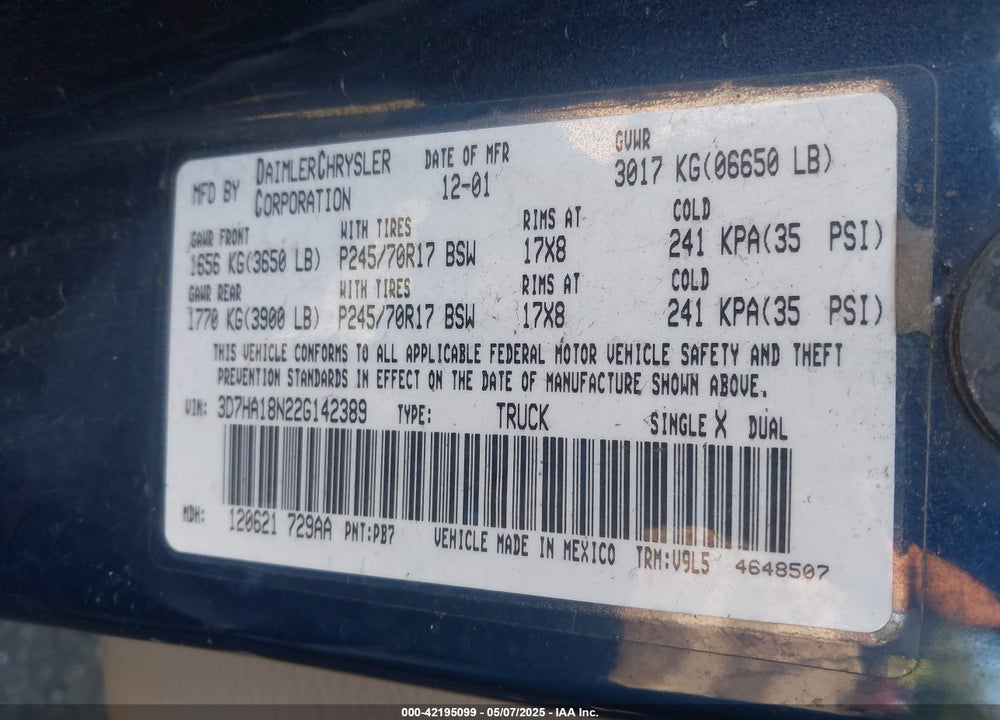 2002 DODGE RAM 1500 ST VIN: 3D7HA18N22G142389