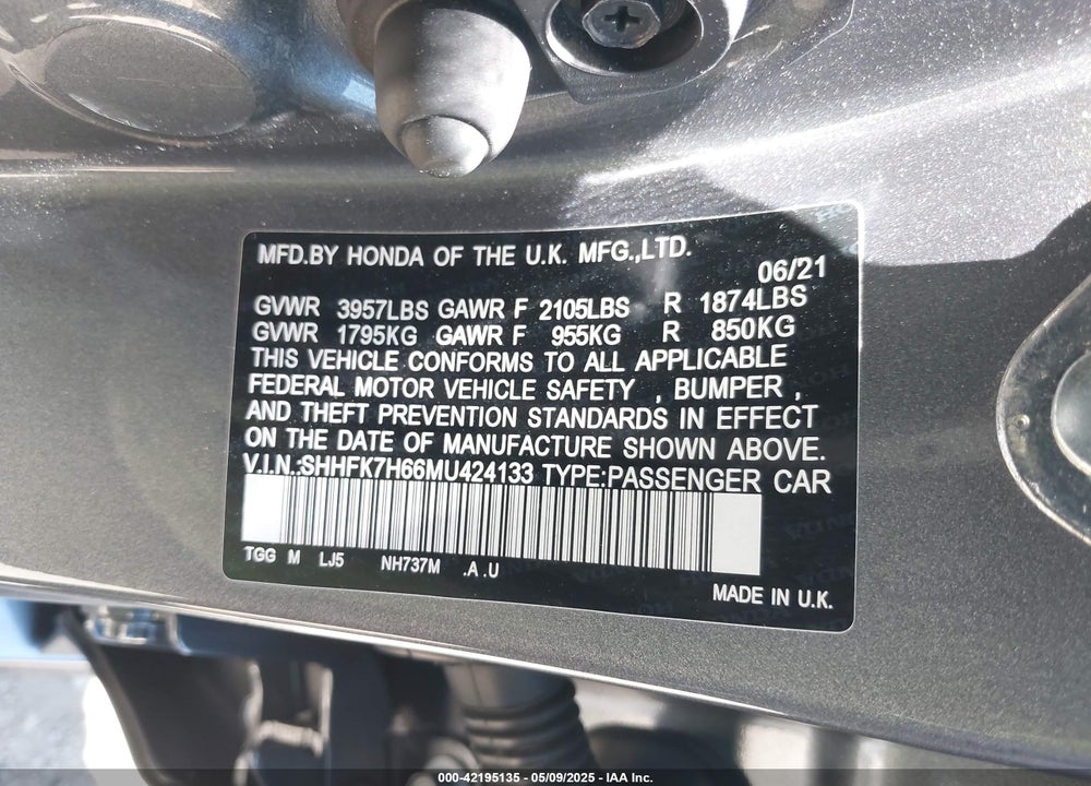 2021 HONDA CIVIC VIN: SHHFK7H66MU424133