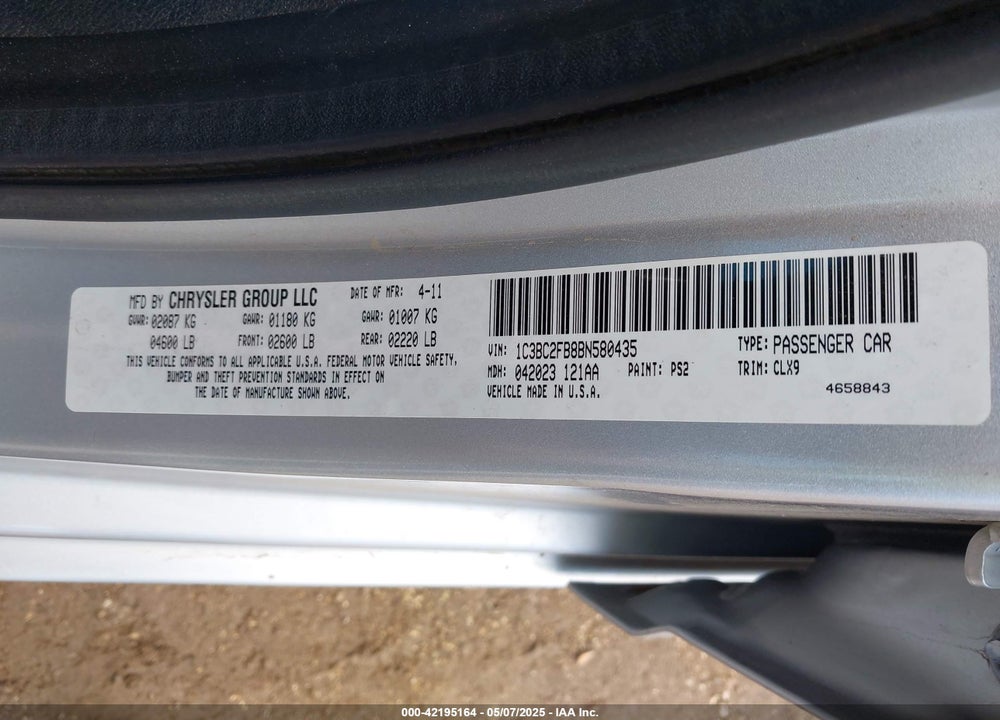 2011 CHRYSLER 200 LIMITED VIN: 1C3BC2FB8BN580435
