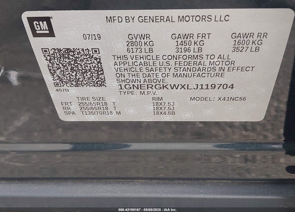2020 CHEVROLET TRAVERSE VIN: 1GNERGKWXLJ119704