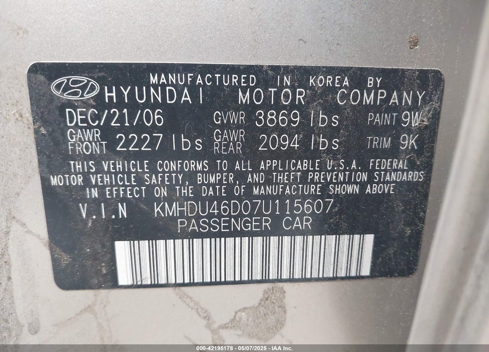 2007 HYUNDAI ELANTRA GLS/LIMITED/SE VIN: KMHDU46D07U115607