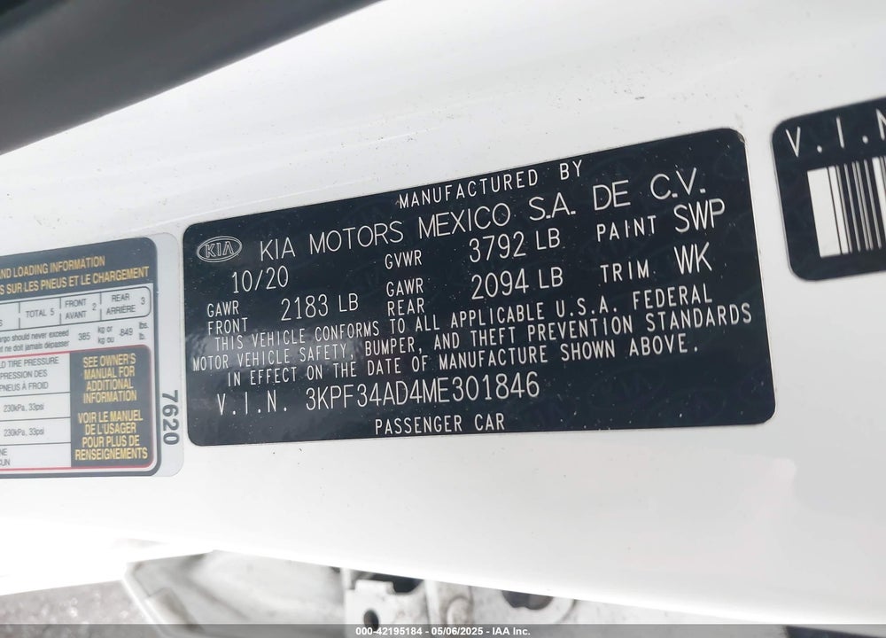 2021 KIA FORTE VIN: 3KPF34AD4ME301846