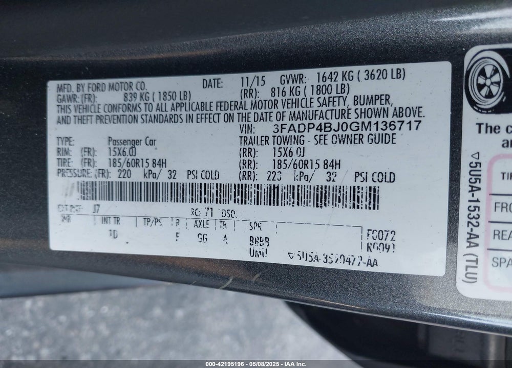 2016 FORD FIESTA VIN: 3FADP4BJ0GM136717